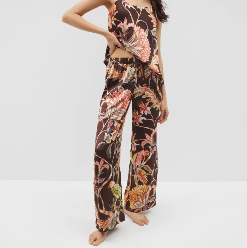 Soma Cool Nights Satin Parrot Diso Plume Floral Wide-Leg Pants Medium Large - Picture 4 of 10